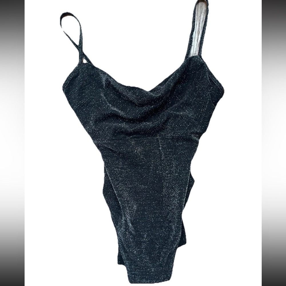 Vtg Sun streak Newport News Black Metallic Shimmer Cowl Neck Swimsuit Sz 12